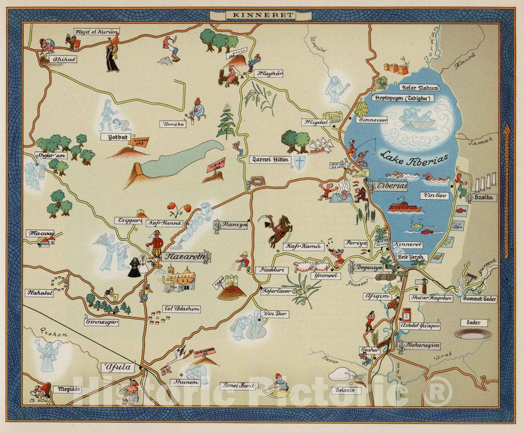 Historic Map : Kinneret. (to accompany) Israel in pictorial maps, 1957 Atlas - Vintage Wall Art