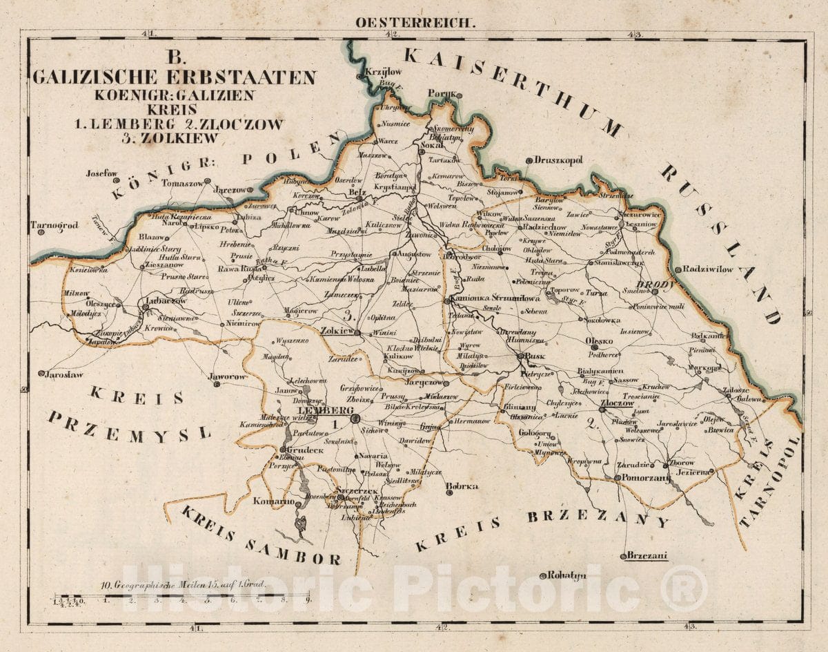 Historic Map : Austria, Eastern Europe V.3:11-15:XI:1.Oesterreich. B. Galizische Erbestaaten Koenigr: Galizien Kreis, 1828 Atlas v2 , Vintage Wall Art