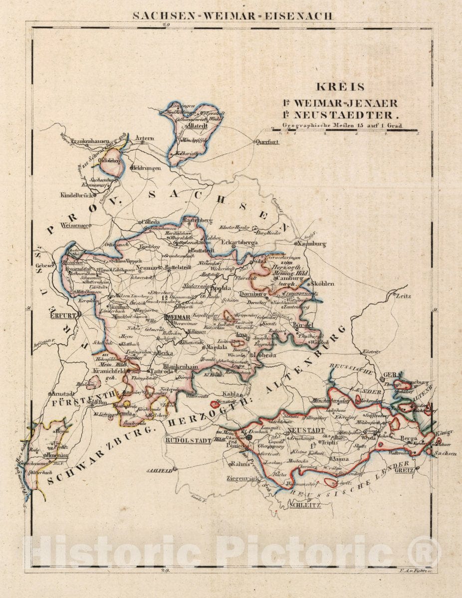 Historic Map : Germany, V.2:6-10:VIII. Sachsen - Weimar - Eisenach. Kreis 1a= Weimar=Jenaer. 1b= Neustaedter, 1825 Atlas , Vintage Wall Art