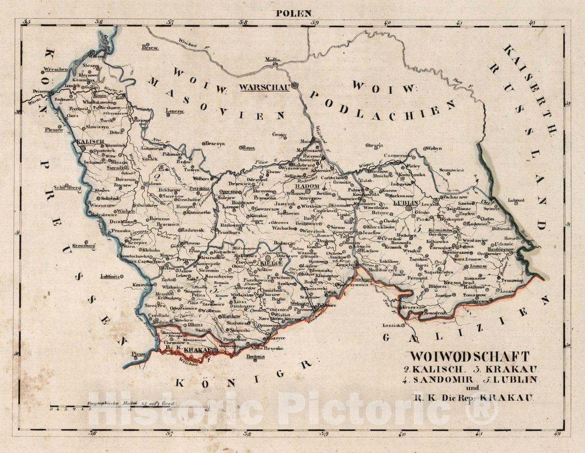 Historic Map : Poland, V.3:11-15:XIV. Polen. Woiwodschaft: 2-5, und Rep: Krakau, 1829 Atlas , Vintage Wall Art