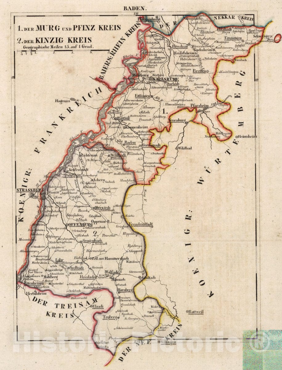 Historic Map : Germany, V. 2:6-10: VI: III. Baden. 1. Der Murg und Pfinz Kreis. 2. Der Kinzig Kreis, 1825 Atlas , Vintage Wall Art