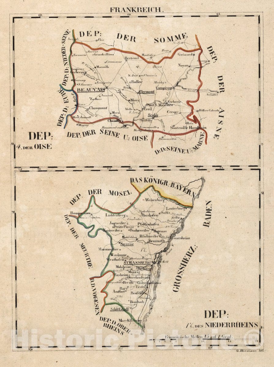 Historic Map : France, V.1:1-5: I: Frankreich. DEP: 4. Der Oise. (with) DEP: 17. Niederrheins, 1825 Atlas , Vintage Wall Art