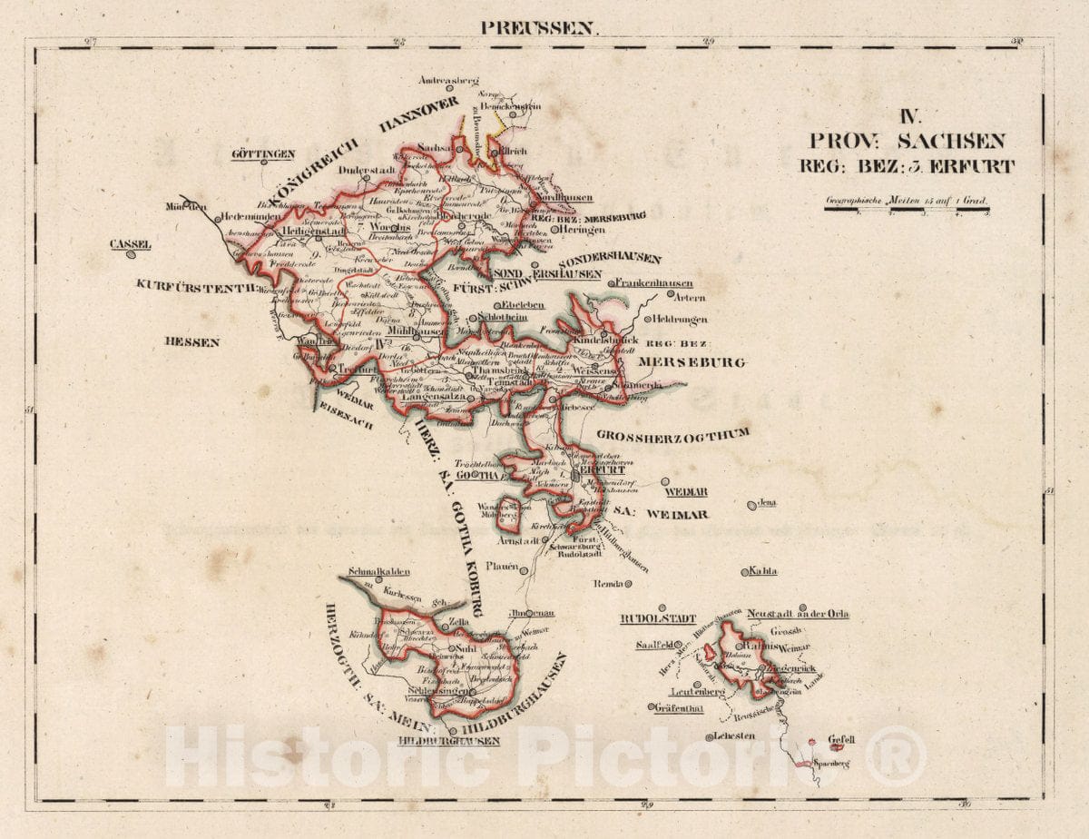 Historic Wall Map : Prussia , Germany, V.2:6-10:IX. Preussen. IV. Prov: Sachsen. Reg: Bez: 3. Erfurt, 1825 Atlas , Vintage Wall Art