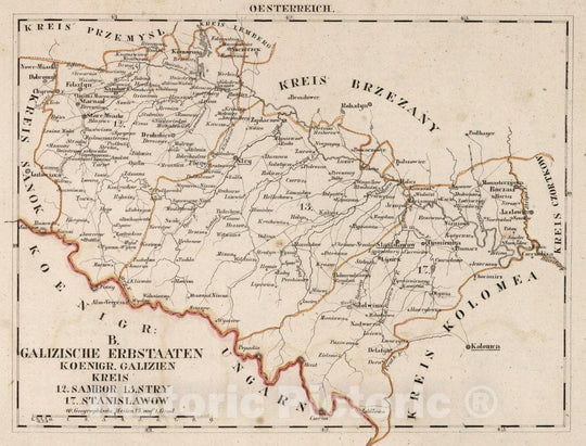 Historic Map : Austria, Eastern Europe V.3:11-15:XI:1.Oesterreich. B. Galizische Erbestaaten Koenigr: Galizien Kreis, 1828 Atlas v5 , Vintage Wall Art