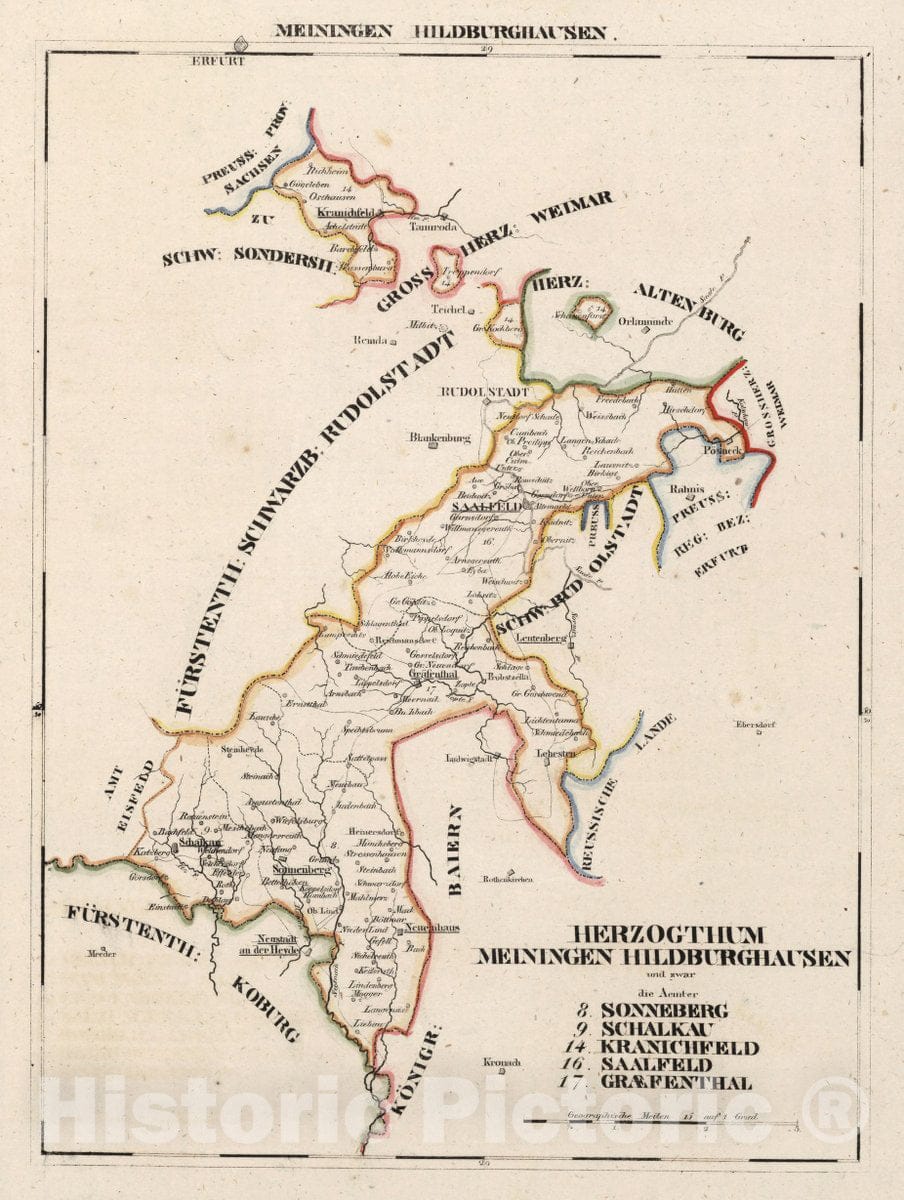 Historic Map : Germany, V.2:6-10:VIII. Herzogthum Meiningen Hilburghausen: die Aemter: 8-9, 14, 16-17, 1825 Atlas , Vintage Wall Art