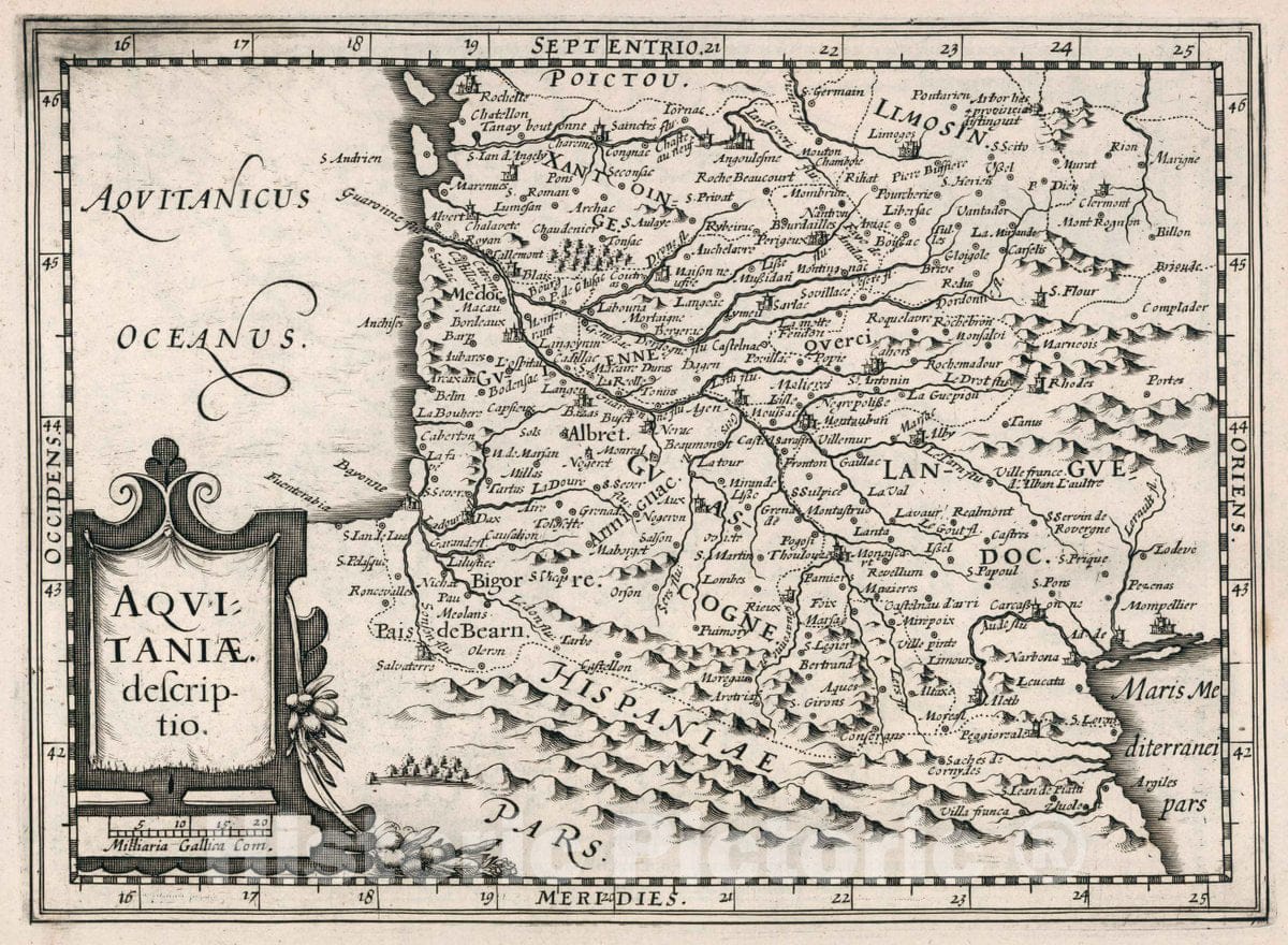 Historic Map : France, Aquitaniae descriptio. Atlas sive Cosmographicae Meditationes de Fabrica Mundi et fabricati Figura, 1636 Atlas , Vintage Wall Art