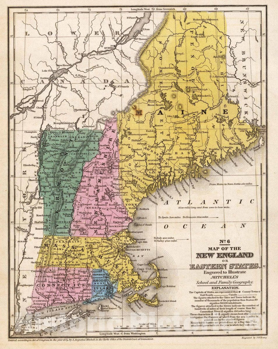 Historic Map : Map of the New England or Eastern States., 1839, Vintage Wall Decor