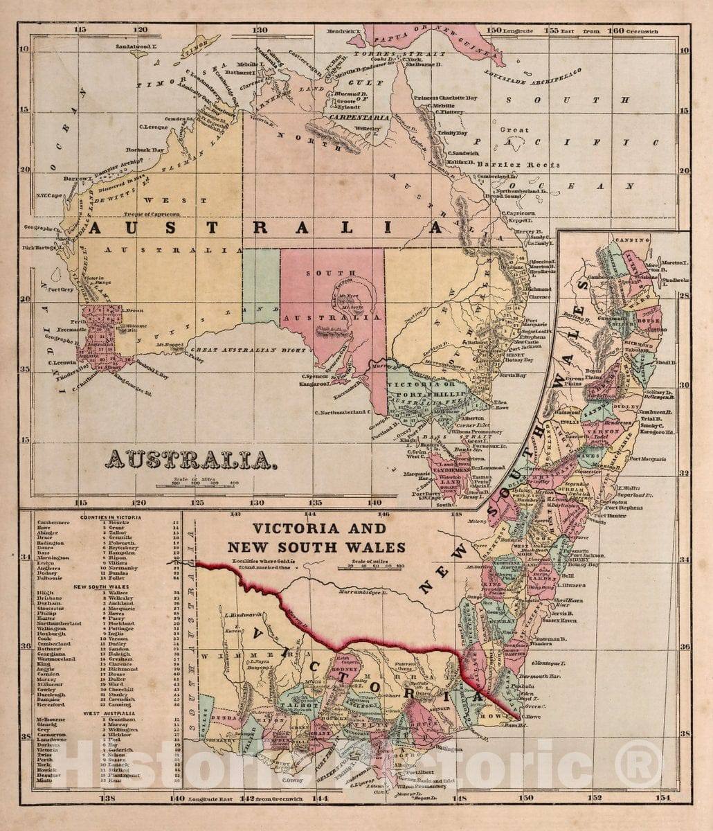 Historic Map : Australia, Victoria, and New South Wales, 1856 Atlas - Vintage Wall Art