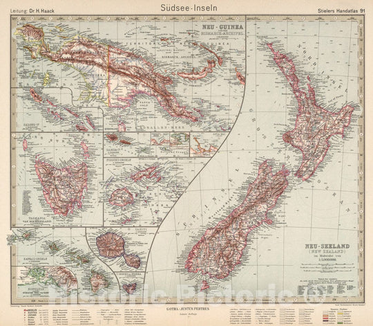 Historic Map : New Zealand, Hawaii, 91. Sudsee - Inseln. Pacific Islands, 1925 Atlas , Vintage Wall Art