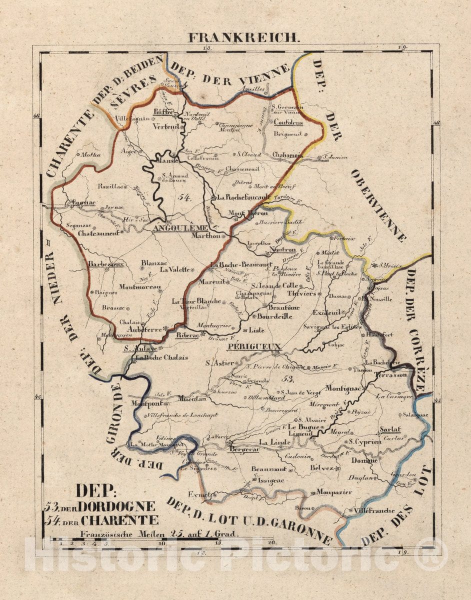 Historic Map : France, V.1:1-5: I: Frankreich. DEP: 53. Der Dordogne. 54. Der Charente , Vintage Wall Art