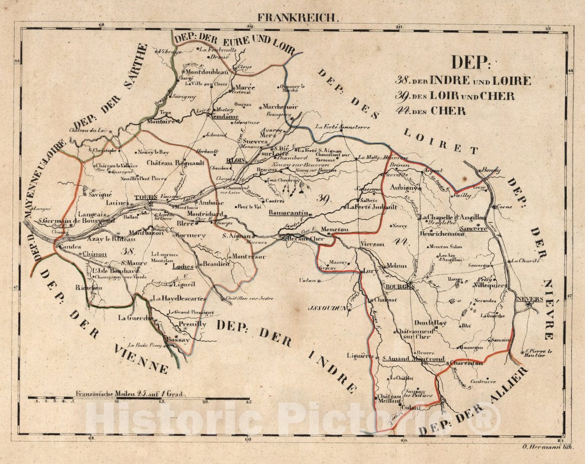 Historic Map : France, V.1:1-5: I: Frankreich. DEP: 38. Der Indre und Loire. 39. Des Loire und Cher. 44. Des Cher, 1825 Atlas , Vintage Wall Art