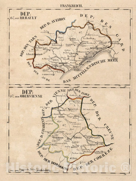 Historic Map : France, V.1:1-5: I: Frankreich. DEP: 67. Des Herault. (with) DEP: 47. Der Obervienne, 1825 Atlas , Vintage Wall Art