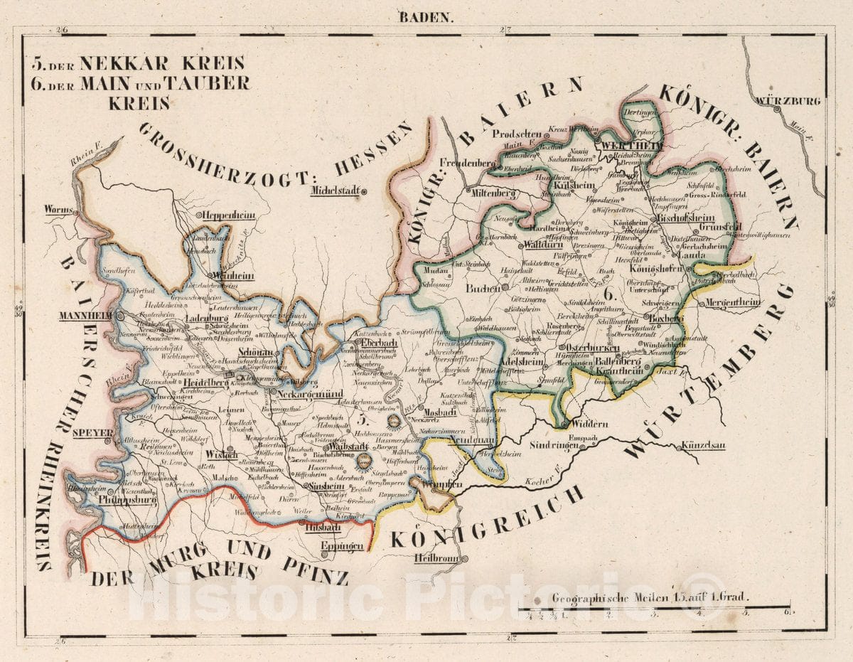 Historic Map : Germany, V. 2:6-10: VI: III. Baden. 5. Der Nekkar Kreis. 6. Der Main und Tauber Kreis, 1825 Atlas , Vintage Wall Art