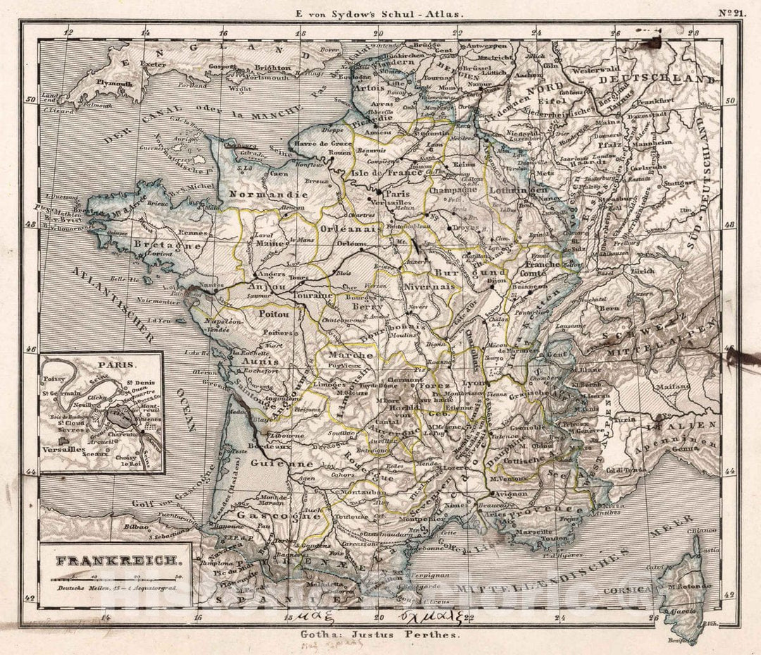 Historic Map : France, 21. Frankreich. (France.), 1872 Atlas , Vintage Wall Art