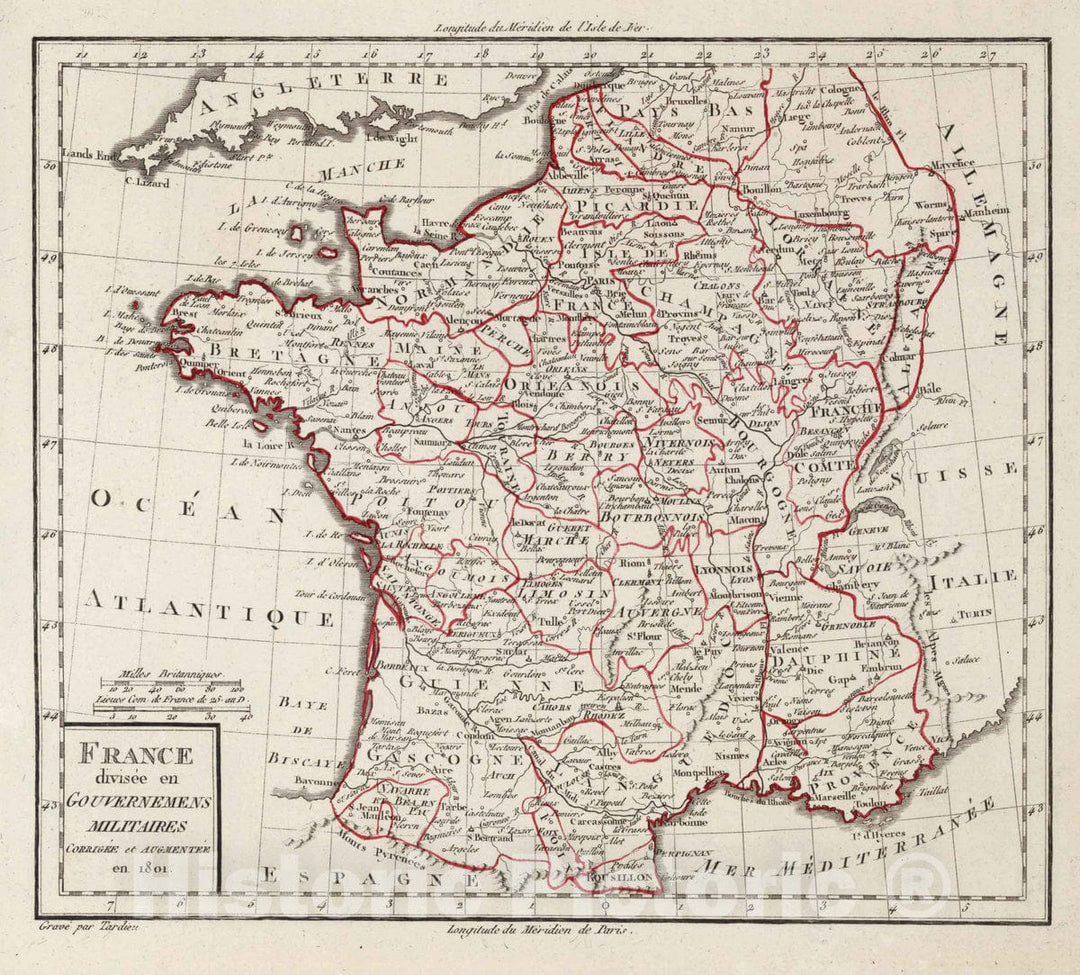 Historic Wall Map : France, XVII. France divisee en Gouvernemens Militaires, 1801 Atlas , Vintage Wall Art