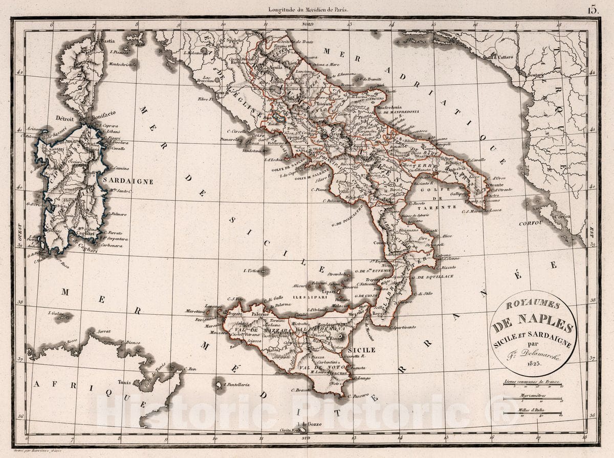 Historic Map : Italy, Royaumes de Naples Sicile et Sardaigne 1825, 1825 Atlas , Vintage Wall Art