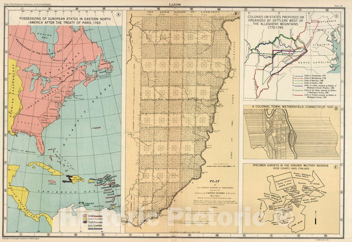 Historic Map : Plate 41. Lands. Possessions of European States in Eastern North America After The Treaty of Paris, 1763, 1825 Atlas - Vintage Wall Art