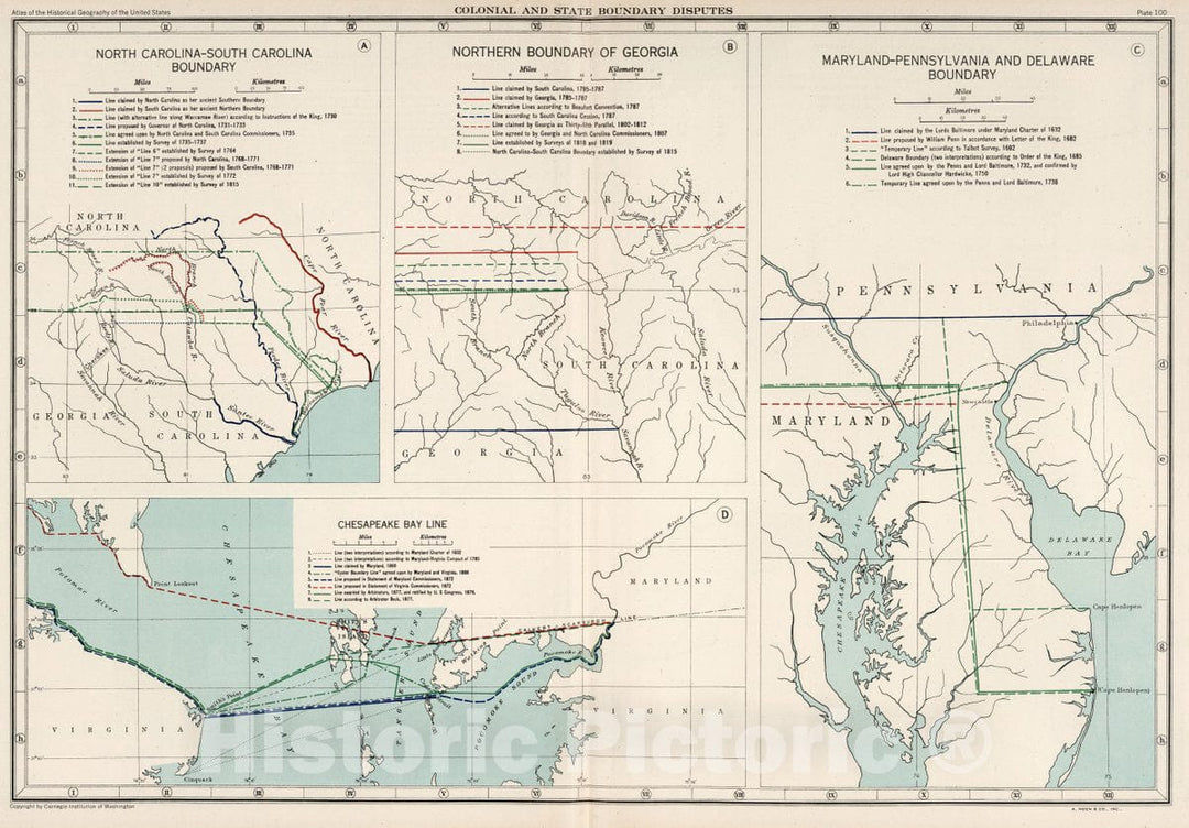 Historic Map : Plate 100. Colonial and State Boundary Disputes. North Carolina - South Carolina, Georgia. Maryland - Pennsylvania, Delaware, 1932 Atlas - Vintage Wall Art