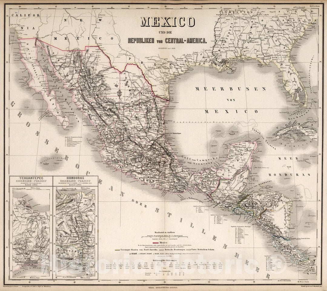 Historic Map : Mexico, , Central America Mexico und die Republiken von Central-America, 1866 Atlas , Vintage Wall Art