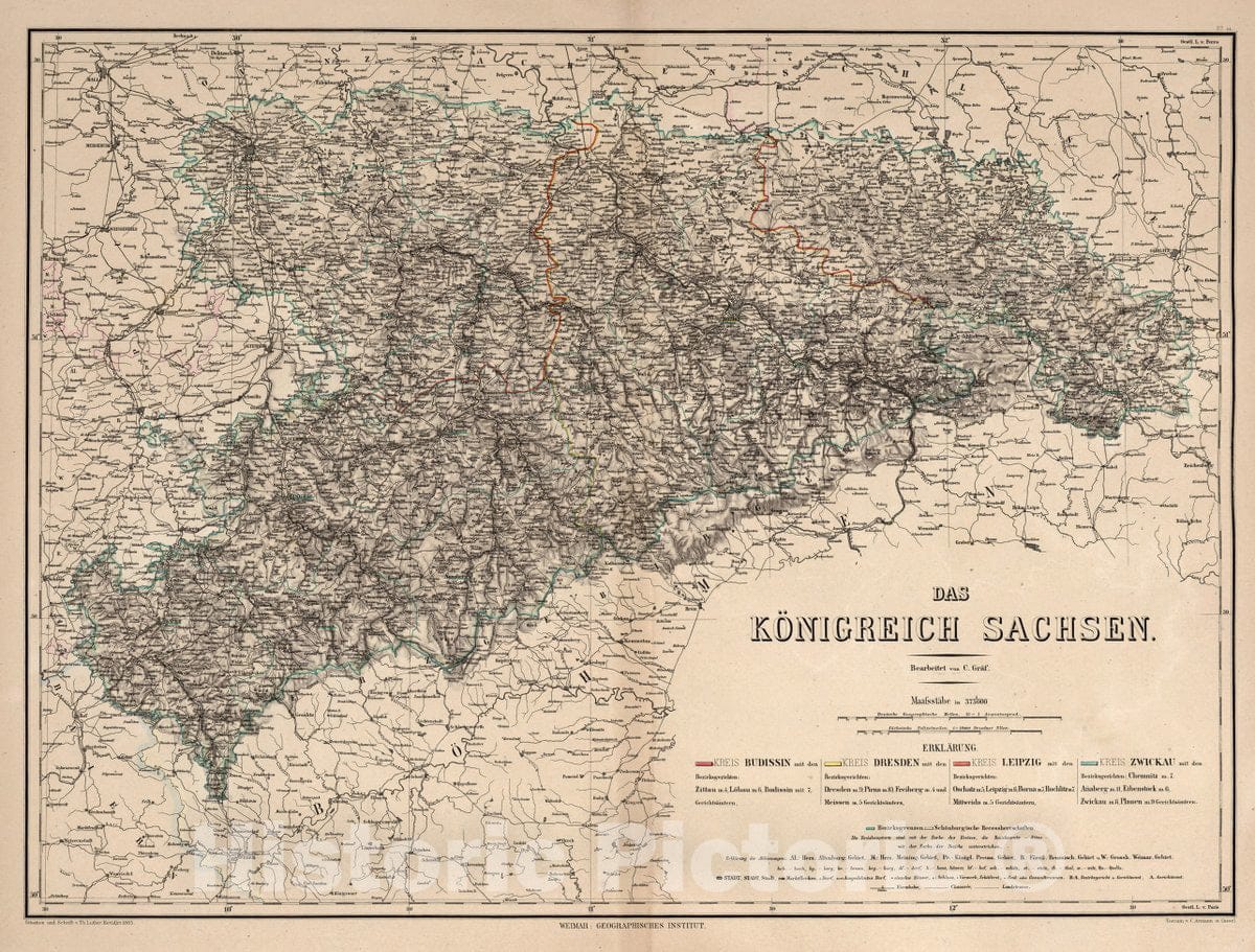 Historic Map : Germany, Saxony , Germany Das Koenigreich Sachsen. Bearbeitet von C. GRAF. Situation und schrift v. Th. Luther. Revidirt 1865, 1865 Atlas , Vintage Wall Art