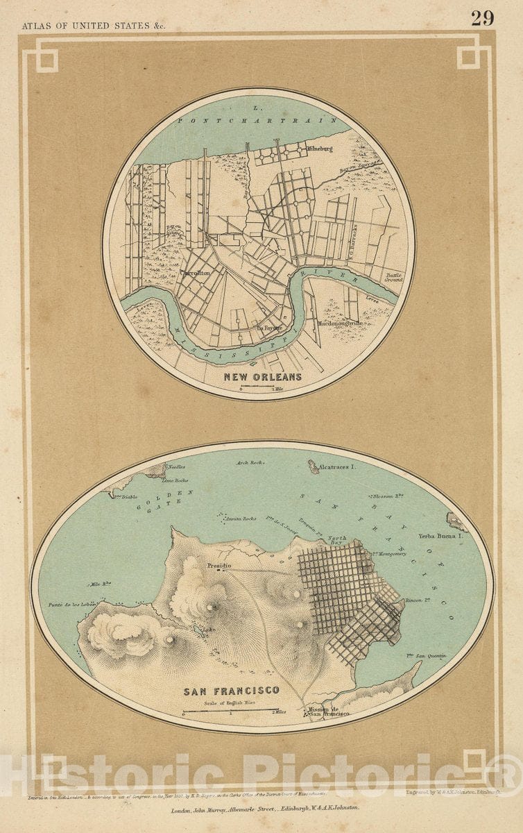 Historic Map : New Orleans. San Francisco., 1857, Vintage Wall Decor