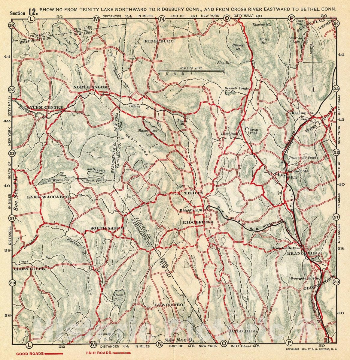 Historic Map : Trinity Lake-Ridgebury-Cross River-Bethel., 1895, Vintage Wall Decor