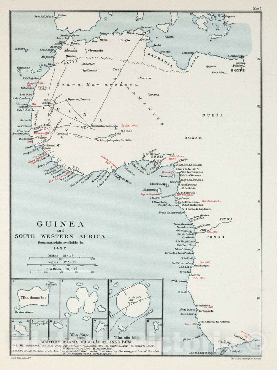 Historic Map : Map 5. Guinea and South Western Africa, from Materials Available in 1492, 1908 - Vintage Wall Art