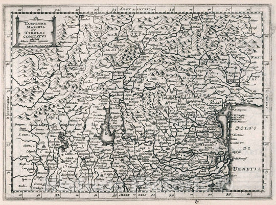 Historic Wall Map : Italy, Tarvisina Marchia et Tirolis Comitatus, 1636 Atlas , Vintage Wall Art