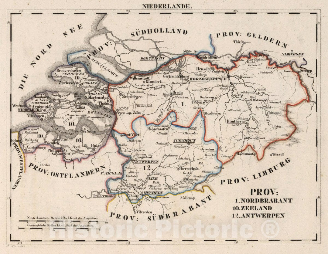 Historic Map : Netherlands, V.1:1-5: V:1. Niederlande: Prov: 1. Norderabant. 10. Zeeland. 12. Antwerpen, 1825 Atlas , Vintage Wall Art