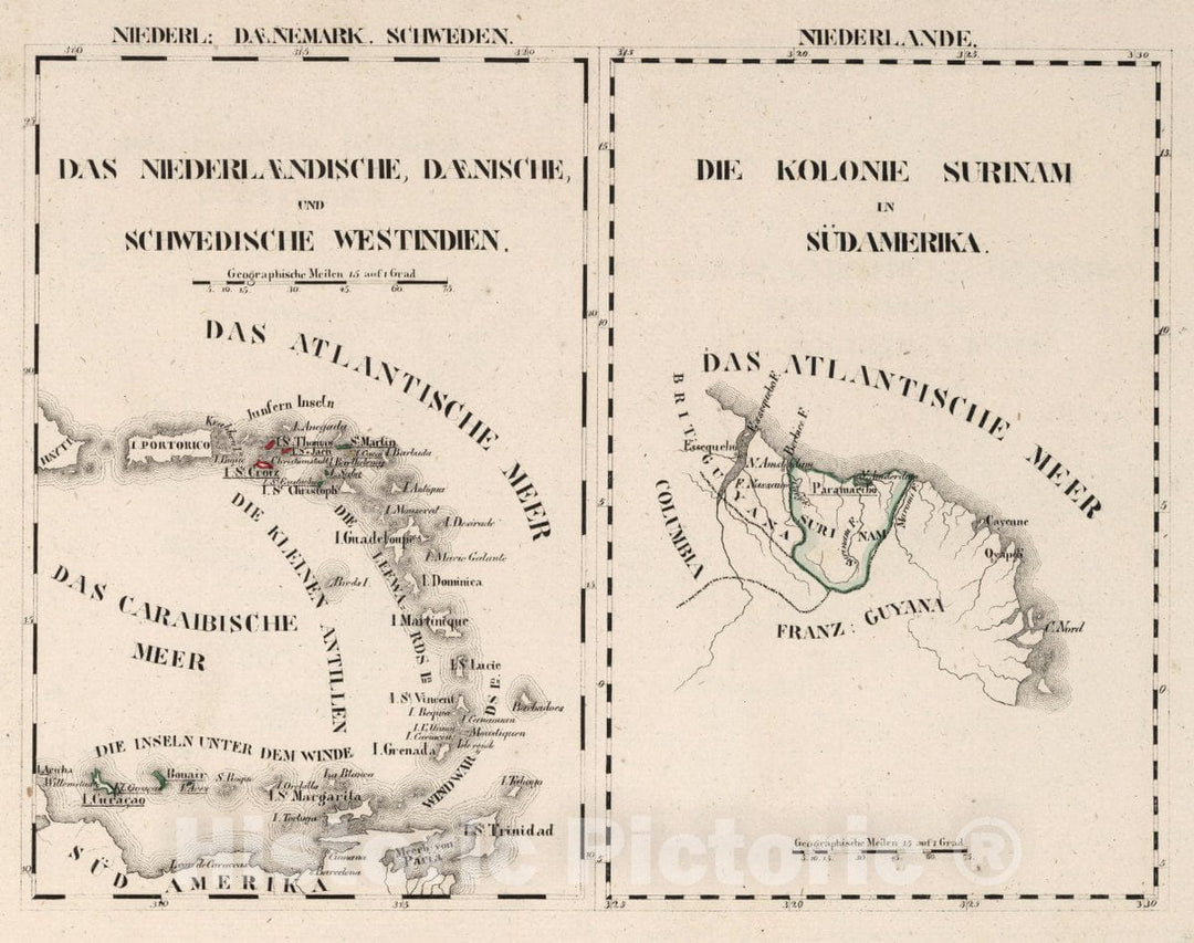 Historic Map : Surinam, West Indies, South America V.1-5:1. Niederlande: Daenemark, Schweden, 1825 Atlas , Vintage Wall Art