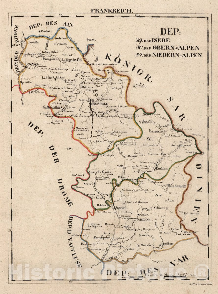 Historic Map : France, V.1:1-5: I Frankreich. DEP: 79. Der Isere. 80. Der Obern = Alpen. 84. Der Niedern = Alpen, 1825 Atlas , Vintage Wall Art