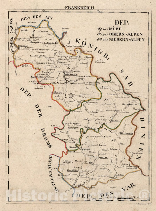 Historic Map : France, V.1:1-5: I Frankreich. DEP: 79. Der Isere. 80. Der Obern = Alpen. 84. Der Niedern = Alpen, 1825 Atlas , Vintage Wall Art