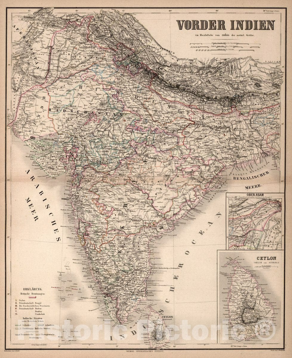 Historic Map : India, Vorder Indien. (Insets) Ober Asam. (with) Ceylon, 1866 Atlas , Vintage Wall Art