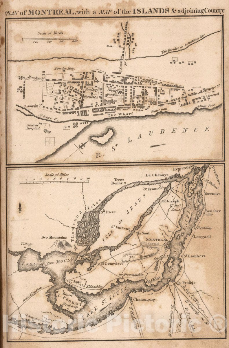 Historic Map : 1813 National Atlas - Plan of Montreal, with Historic Wall Map of The Islands & adjoining Country. - Vintage Wall Art