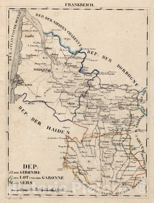 Historic Map : France, V.1:1-5: I: Frankreich. DEP: 52. Der Gironde. 57. Des Lot und der Garonne. 61. Des Gers, 1825 Atlas , Vintage Wall Art