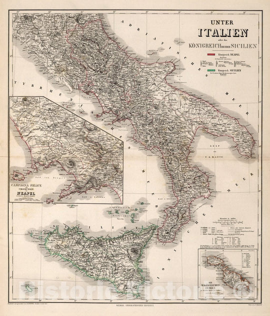 Historic Map : Italy, Sicily (Italy) Unter Italien Oder das Konigreich beider Sicilien, 1857 Atlas , Vintage Wall Art