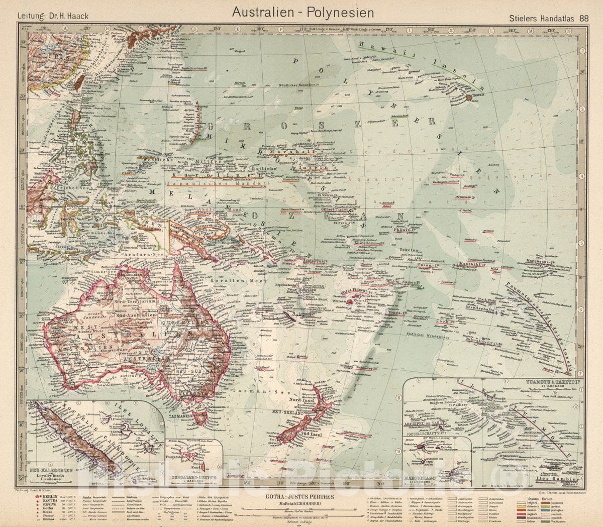 Historic Map : Oceania, Pacific 88. Australien - Polynesien. Australia - Polynesia, 1925 Atlas , Vintage Wall Art