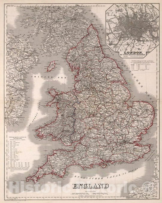 Historical Map : England. Unter redact v. H. Kiepert, gez. v. C. Graf, u. rev. 1856. Weimar: Geographisches Institut. (inset) London mit seinen nachsten Umgebungen. (t, 1856Vintage Wall Art