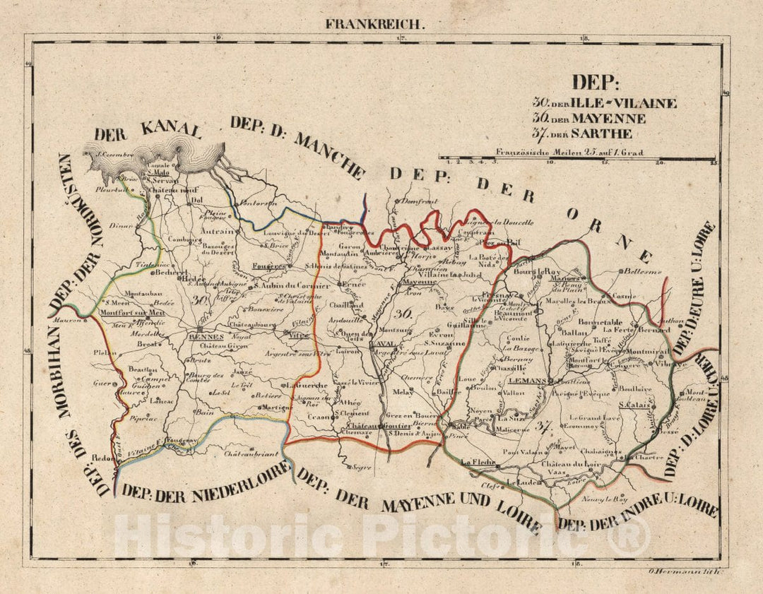 Historic Map : France, V.1:1-5: I: Frankreich. DEP: 30. Der Ille-Vilaine. 36. Der Mayenne. 37. Der Sarthe, 1825 Atlas , Vintage Wall Art