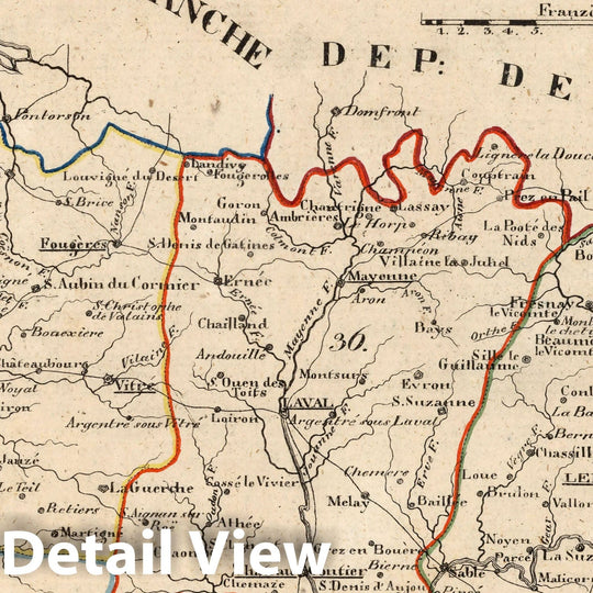 Historic Map : France, V.1:1-5: I: Frankreich. DEP: 30. Der Ille-Vilaine. 36. Der Mayenne. 37. Der Sarthe, 1825 Atlas , Vintage Wall Art