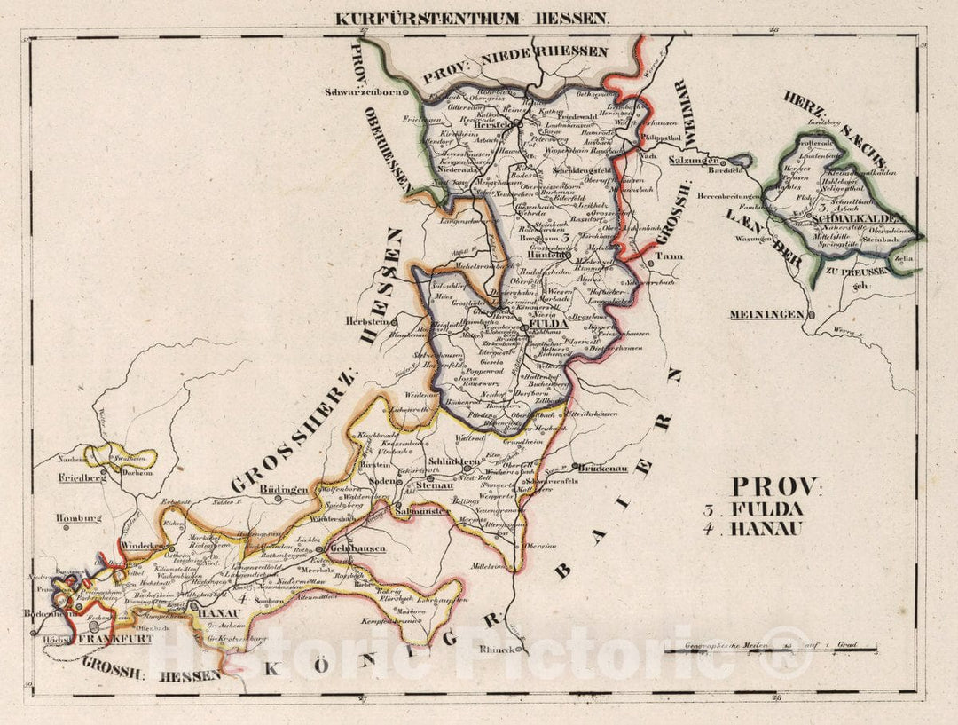 Historic Map : Germany, V. 2:6-10: VII: III. Kurfurstenthum Hessen. Prov: 3. Fulda. 4. Hanau, 1825 Atlas , Vintage Wall Art