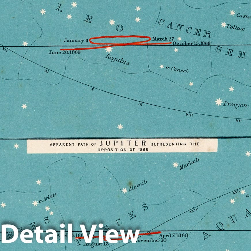 Historic Map : Plate 21. Ecliptic Charts Illustrating The Apparent Paths of The Plants Venus, Mars, Jupiter & Saturn in 1868-9, 1869 Celestial Atlas - Vintage Wall Art