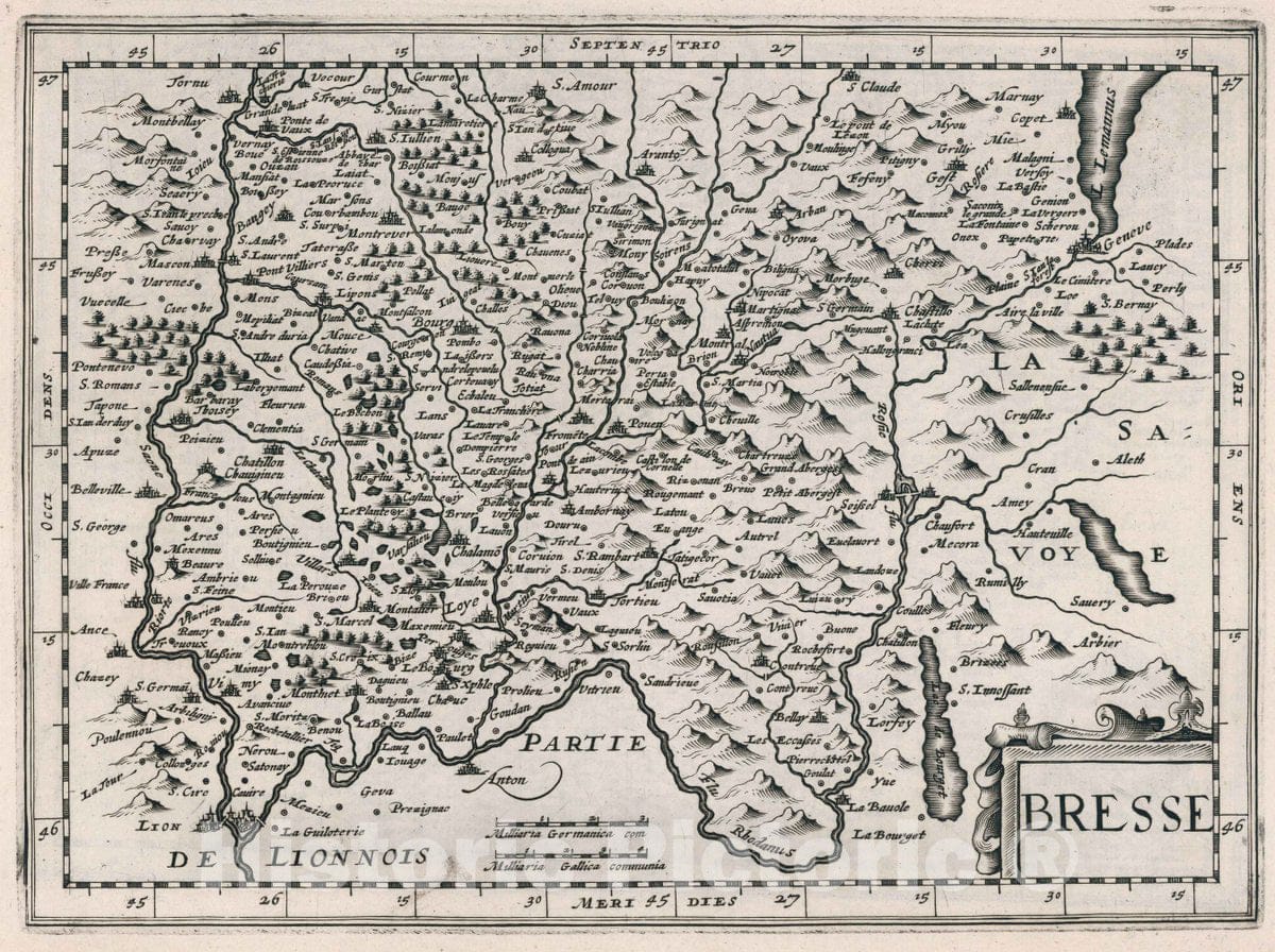 Historic Map : France, Bresse Region , France Bresse. Atlas sive Cosmographicae Meditationes de Fabrica Mundi et fabricati Figura, 1636 Atlas , Vintage Wall Art