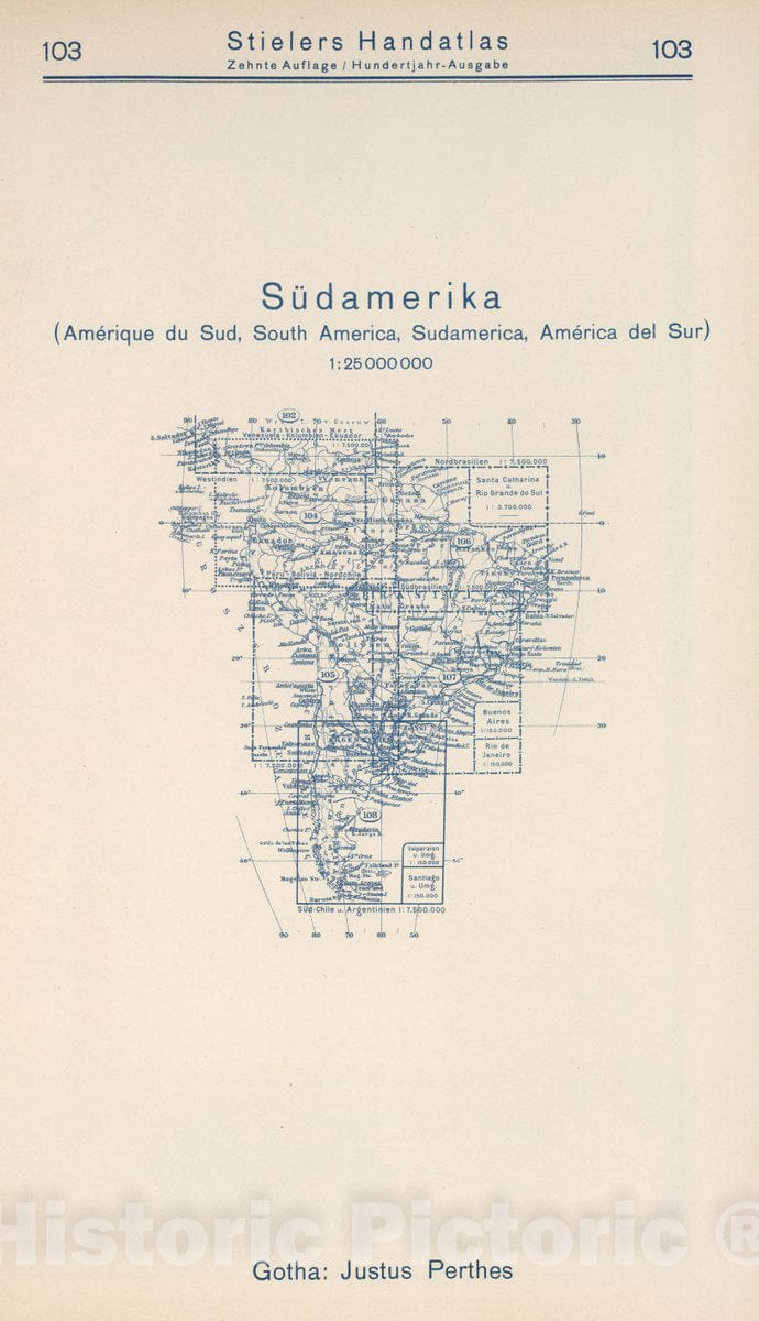 Historic Map : 1925 Index Map: 103. Sudamerika. South America. - Vintage Wall Art