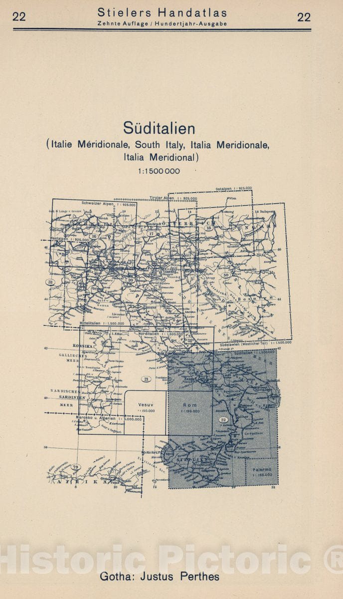 Historic Map : 1925 Index Map: 22. Suditalien. South Italy. - Vintage Wall Art