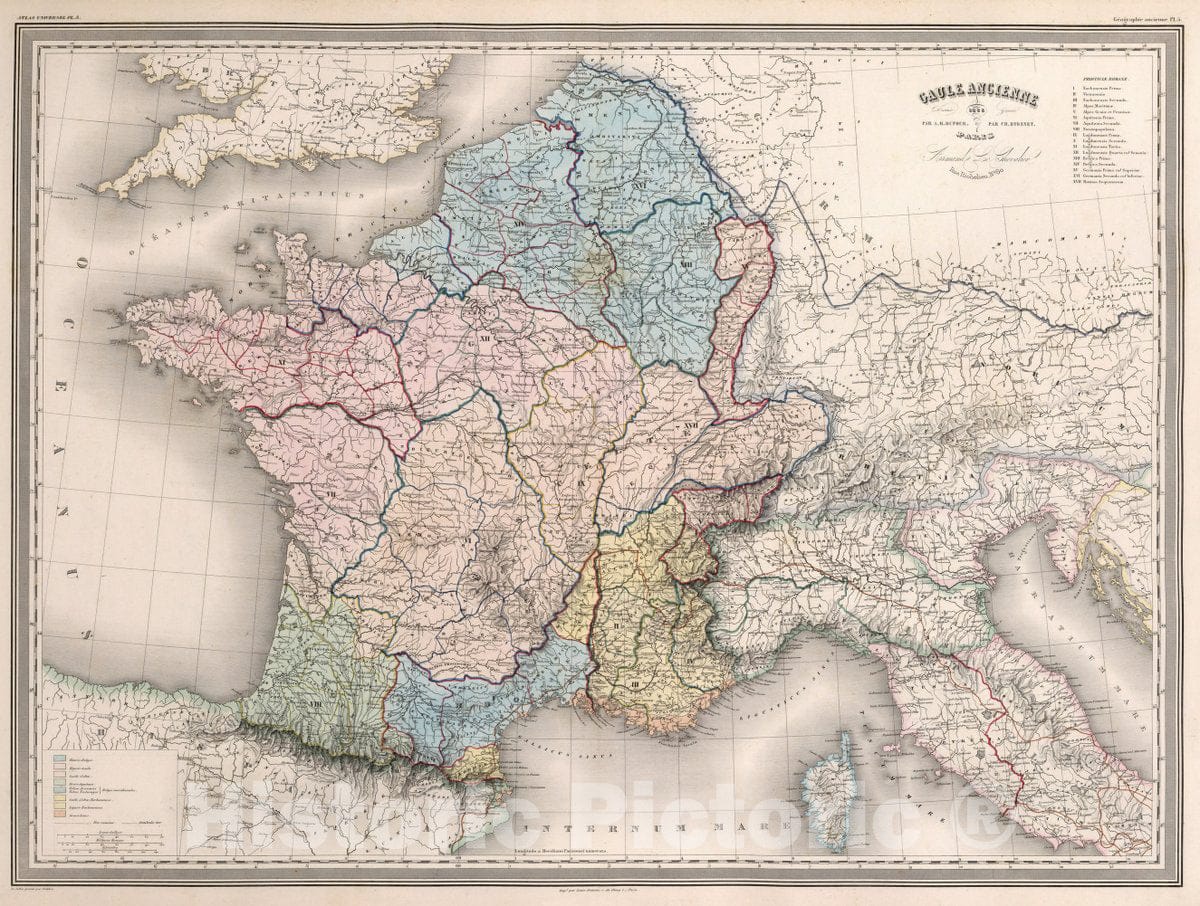 Historic Map : France, Gaule Ancienne : Dresse par A.H. Dufour. 1863. Gravee par Ch. Dyonnet. Paris, 60. La Lettre gravee par Deletre, 1863 Atlas , Vintage Wall Art