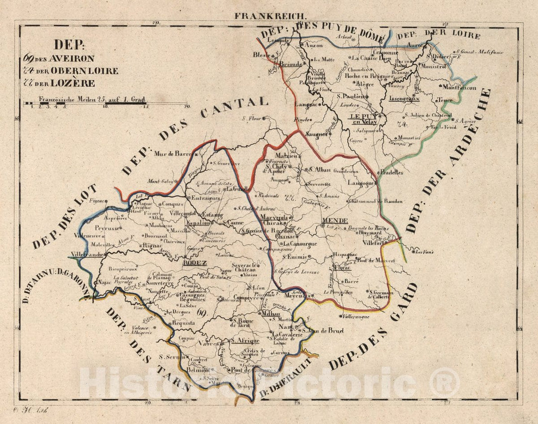 Historic Map : France, V.1:1-5: I Frankreich. DEP: 69. Der Aveiron. 74. Der Obern Loire. 77. Der Lozere, 1825 Atlas , Vintage Wall Art