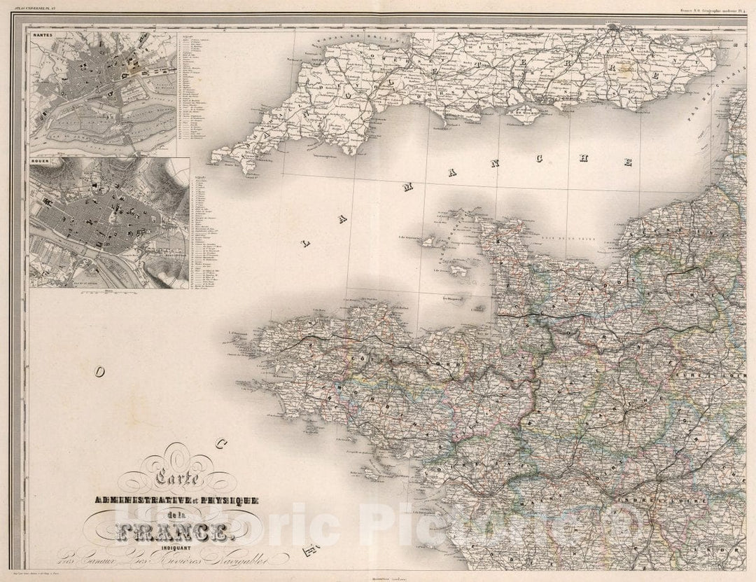 Historic Map : France, Carte physique de la France, indiquant les canaux les rivieres navigable : France, including the rivers, Roads, railways, 1863v1 , Vintage Wall Art