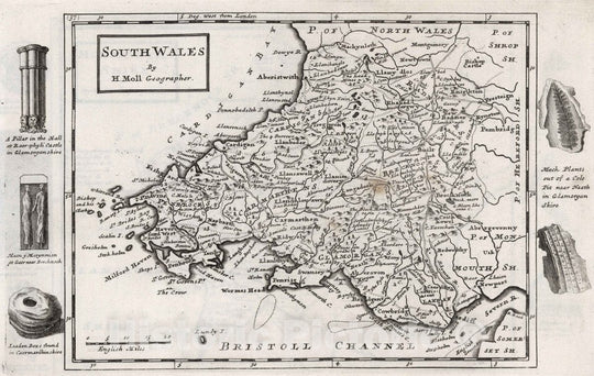 Historic Map : 1724 National Atlas - South Wales. by H. Moll Geographer - Vintage Wall Art