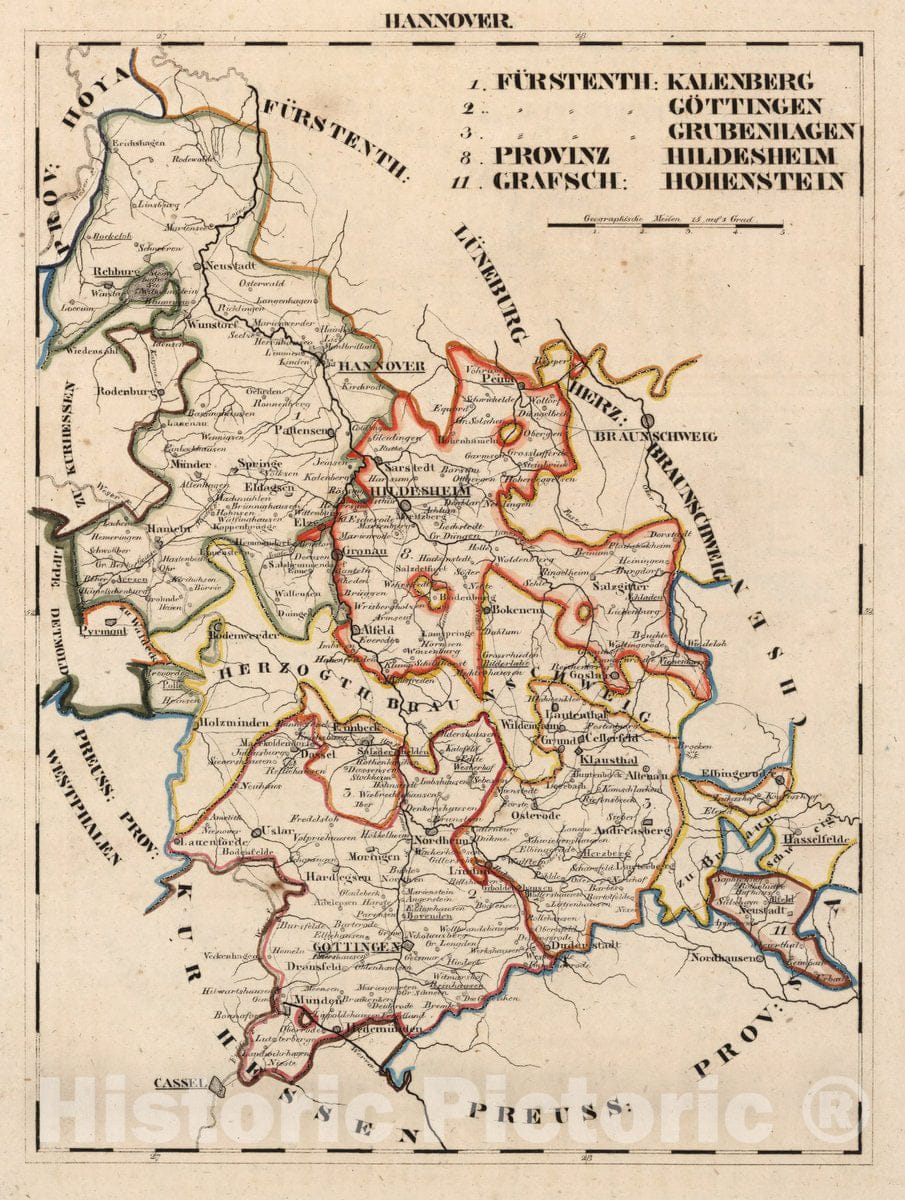 Historic Map : Germany,Hannover. 1. Furstenth: Kalenberg, 2.Gottingen, 3.Grubenhagen. 8. Provinz: Hildesheim. 11. Grafsche: Hohenstein, 1825 Atlas , Vintage Wall Art